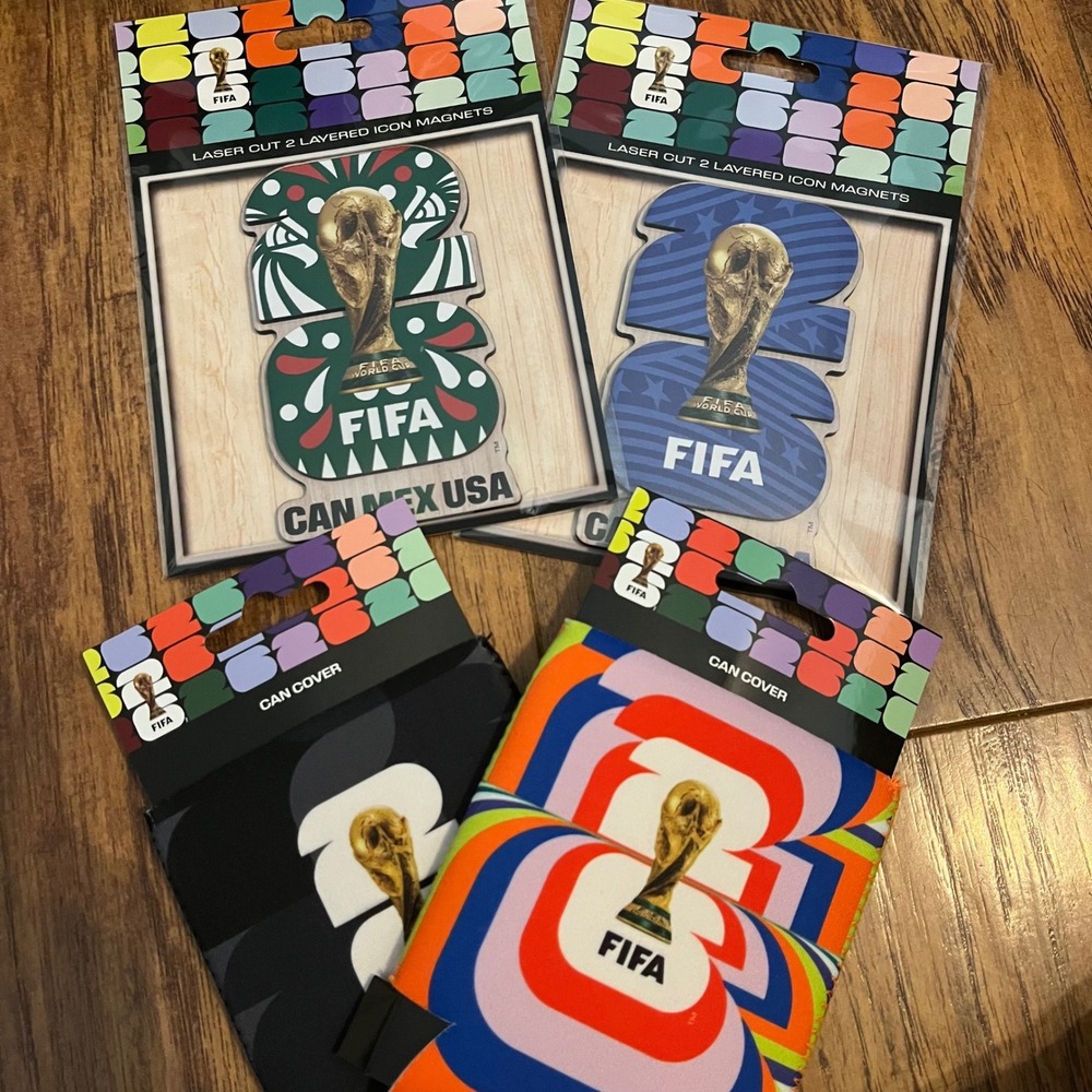 New FIFA 26 World Cup Lot 2 x Can Covers & Laser Cut Icon Magnets Trophy Mexico